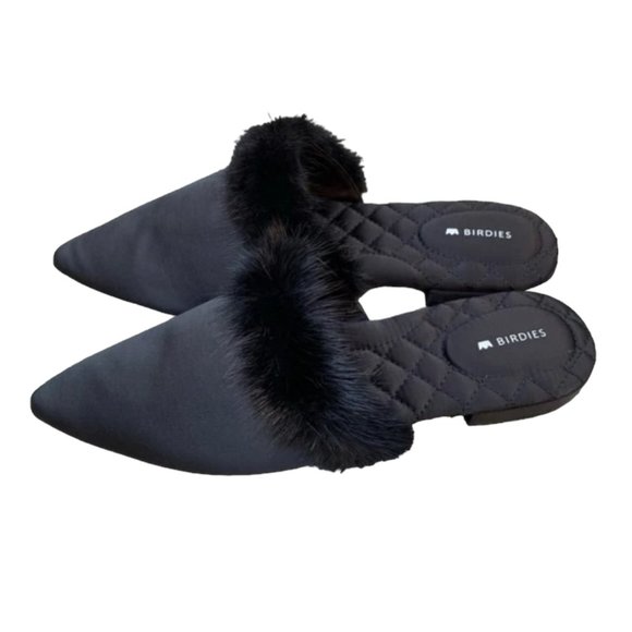 Birdies The Dove Onyx Womens Fur Pointed Toe Slip On Mules, Brand New In Box - Picture 3 of 5